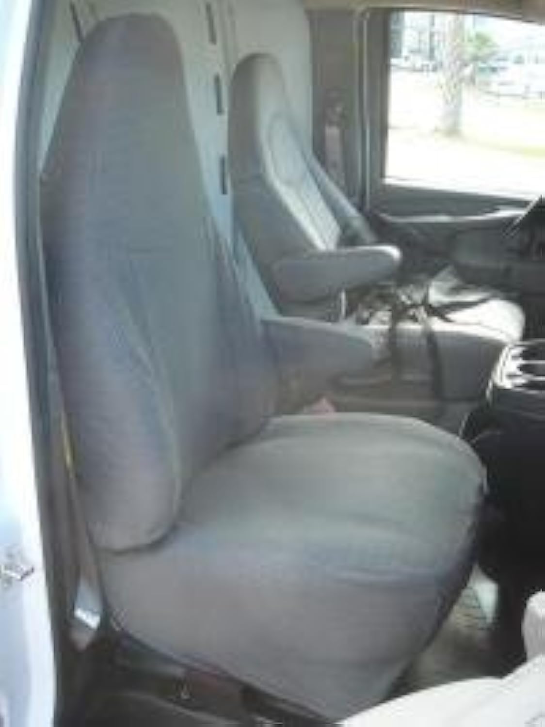 Durafit Seat Covers Made to fit 2010-2024 Chevy Express Front Bucket Seats with Opening for Grab Handle on Passenger Side Backrest. Made in Gray Water Resistant Endura