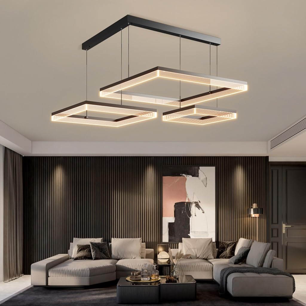 Dimmbarer moderner Kronleuchter 68W schwarzes Aluminium LED Acryl Kücheninselleuchte mit Fernbedienung Wohnzimmer große Beleuchtung quadratische Pendelleuchte für Schlafzimmer Restaurant Hotel