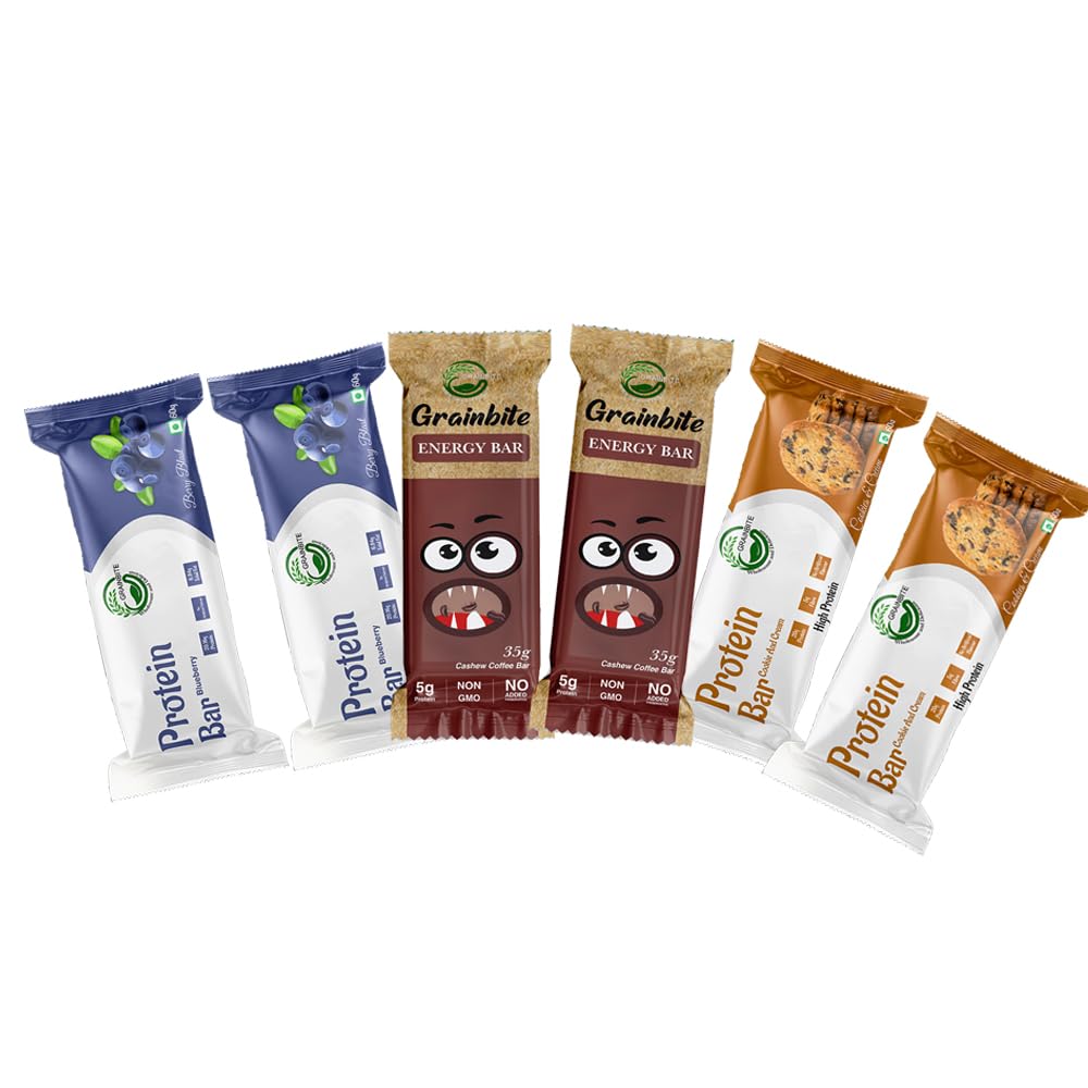 GRAINBITE Protein Bar Blueberry Blast (Pack of 2) and Energy Bar Cashew Coffee (Pack of 2) and Protein Bar Cookie and Cream (Pack of 2) (310gm, Combo of 6)-image-3