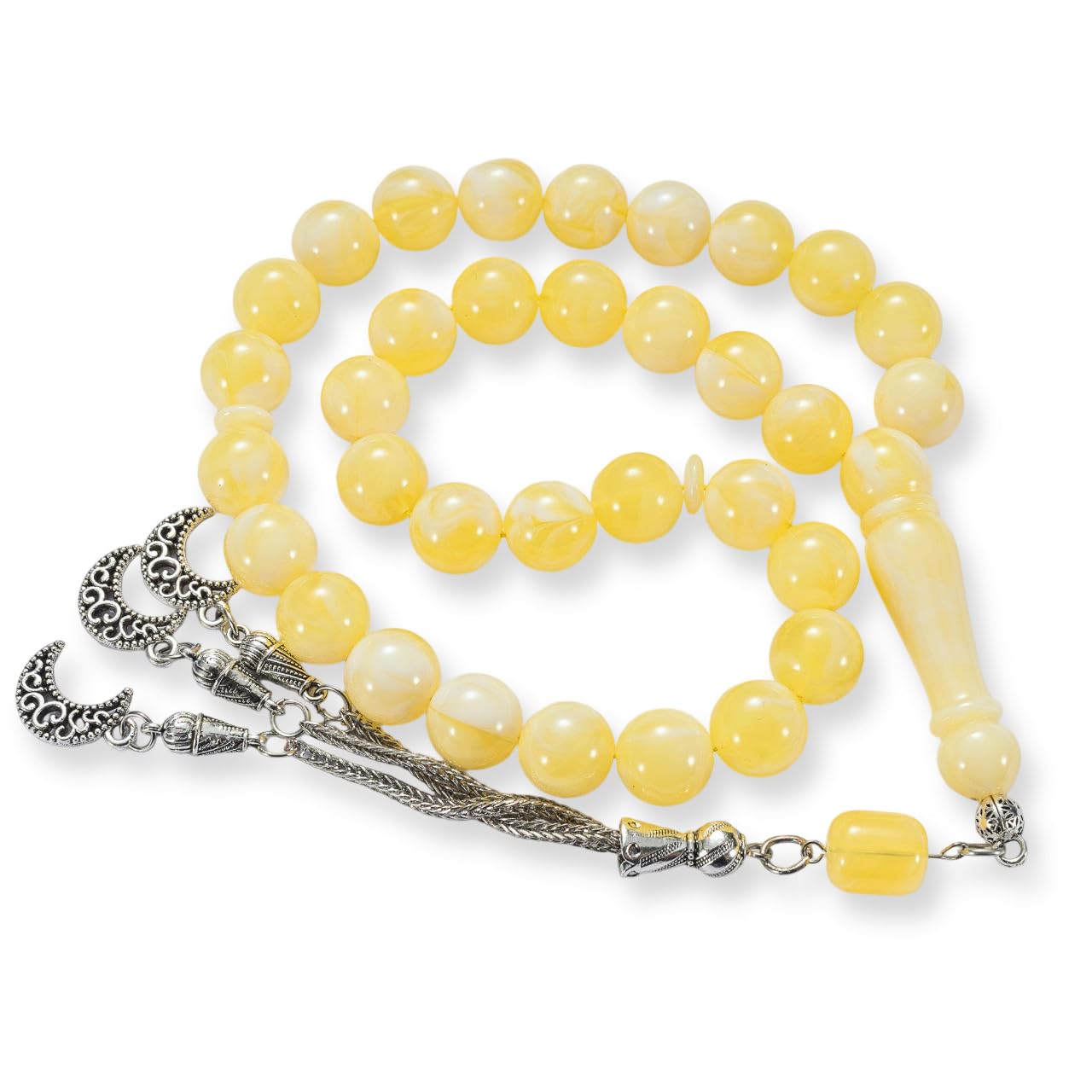 Luxury Tasbih with Gift Box – 33 Amber Look Resin Islamic Prayer Beads with Silvery Moon Tassel for Men and Women