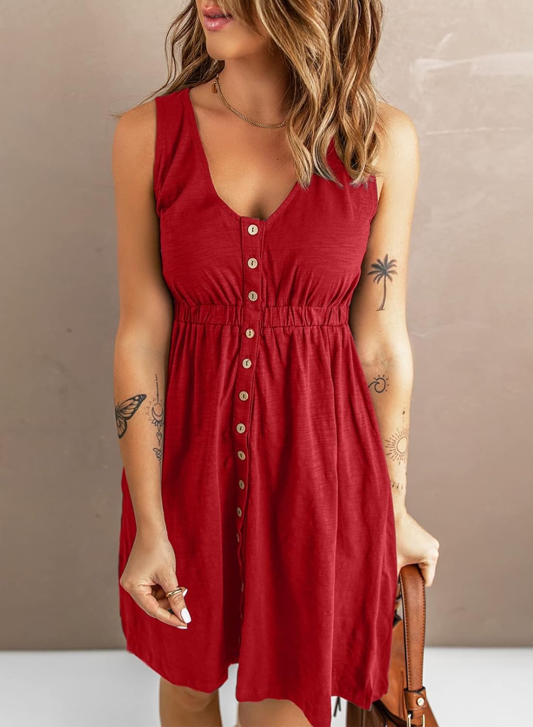 BLENCOT Women's Summer Sleeveless T Shirt Dress V Neck Button Front Midi Dress Bright Red M - Image 4