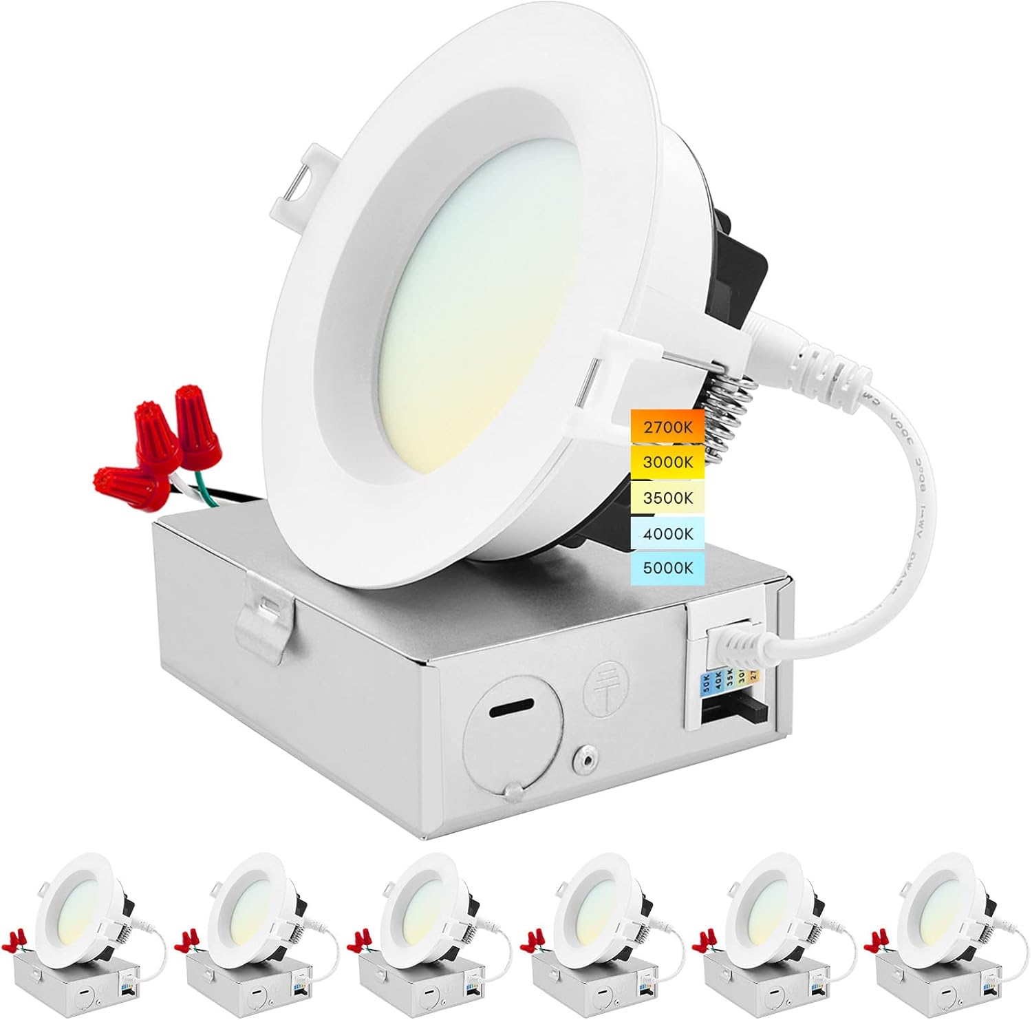 LUXRITE 4 Inch LED Recessed Ceiling Light with Junction Box, 15W, 5CCT Selectable 2700K/3000K/3500K/4000K/5000K, 1300LM High Brightness, Dimmable Canless Downlight, Wet Rated, IC Rated, ETL (6 Pack)