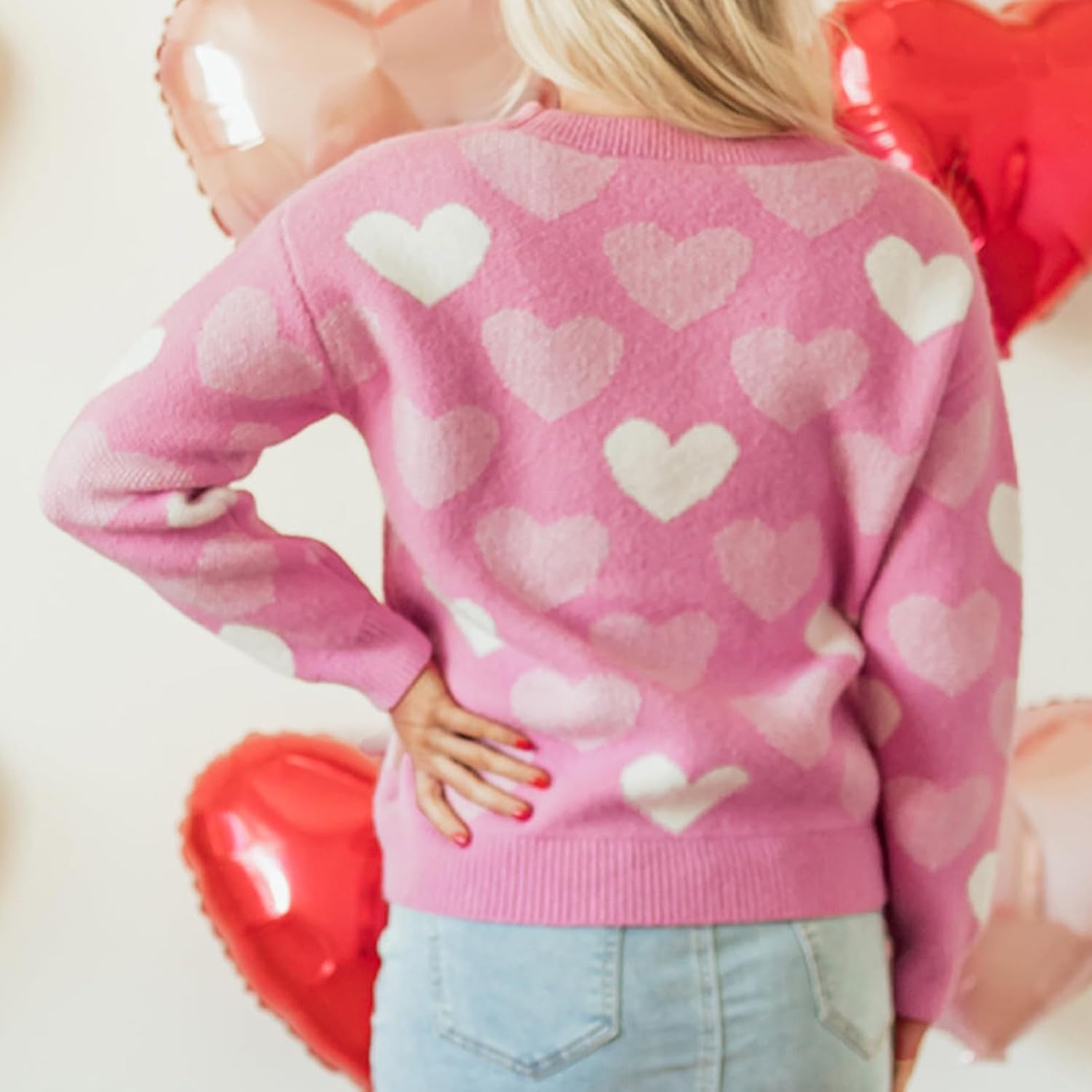 Women's Cute Valentines Sweater Love Heart Graphic Pearl Top Casual Long Sleeve Crew Neck Pullover Sweater - Image 5