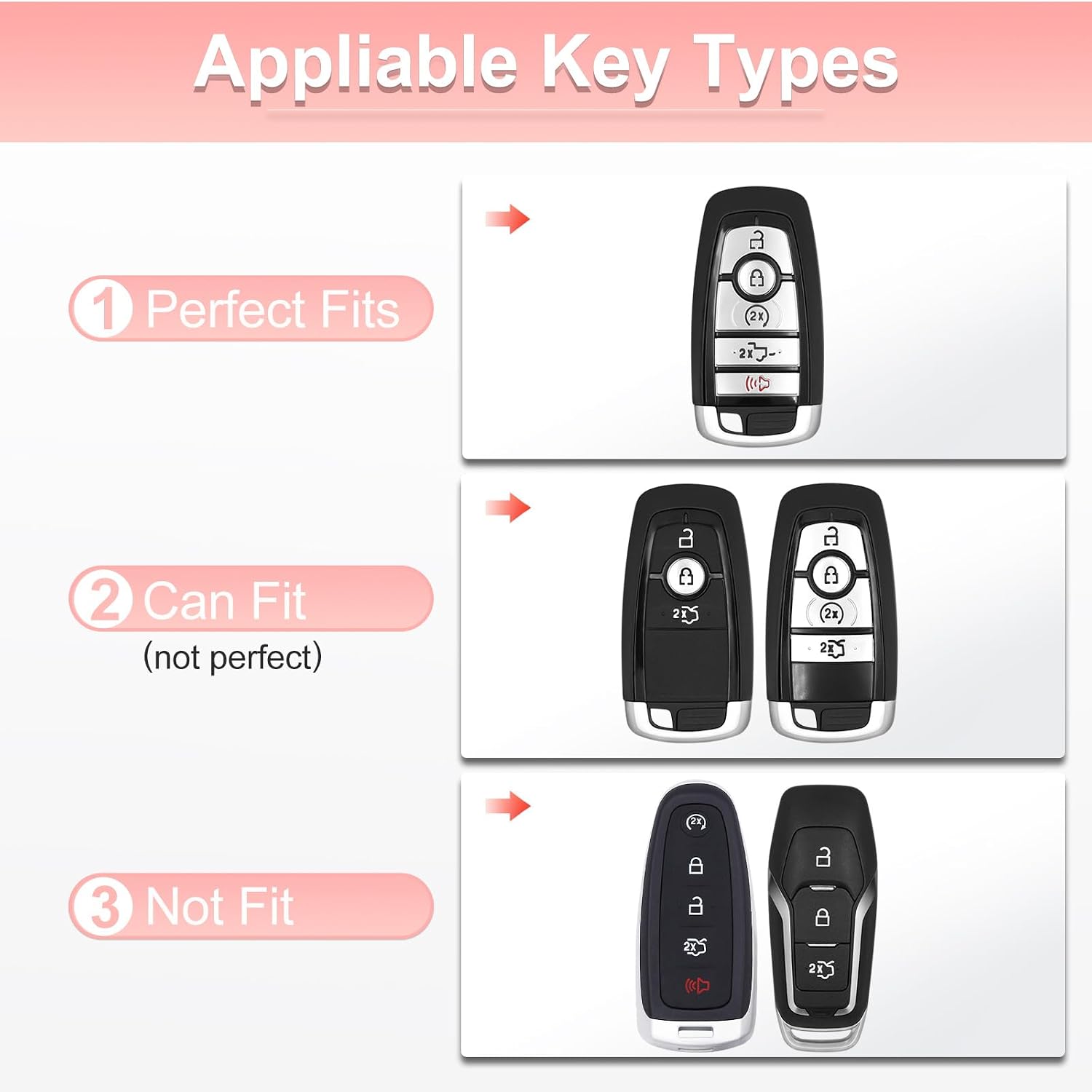 Pangpai Pink Car Accessories 3 Pcs for Ford Edge Escape Expedition Explorer Fusion Mustang Ranger F-150 F-250 Key Fob Cover with Bling Keychain Cute Push to Start Button Cover image 2