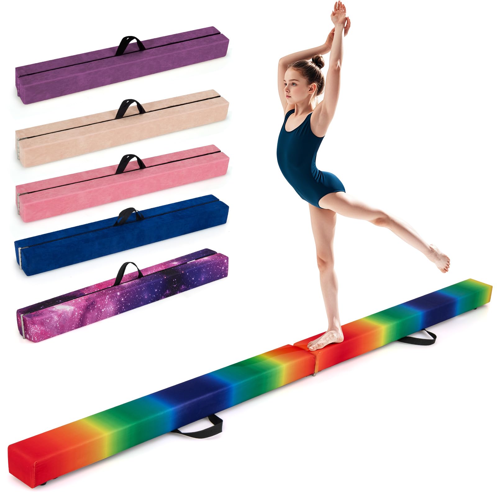 GYMAX Viga de Gimnasia Plegable de 210/240/270 cm, Barra de Equilibrio con Base Antideslizante, Marco de Madera de Pino, Asa para Transportar, Espuma Extra Firme, para Niños