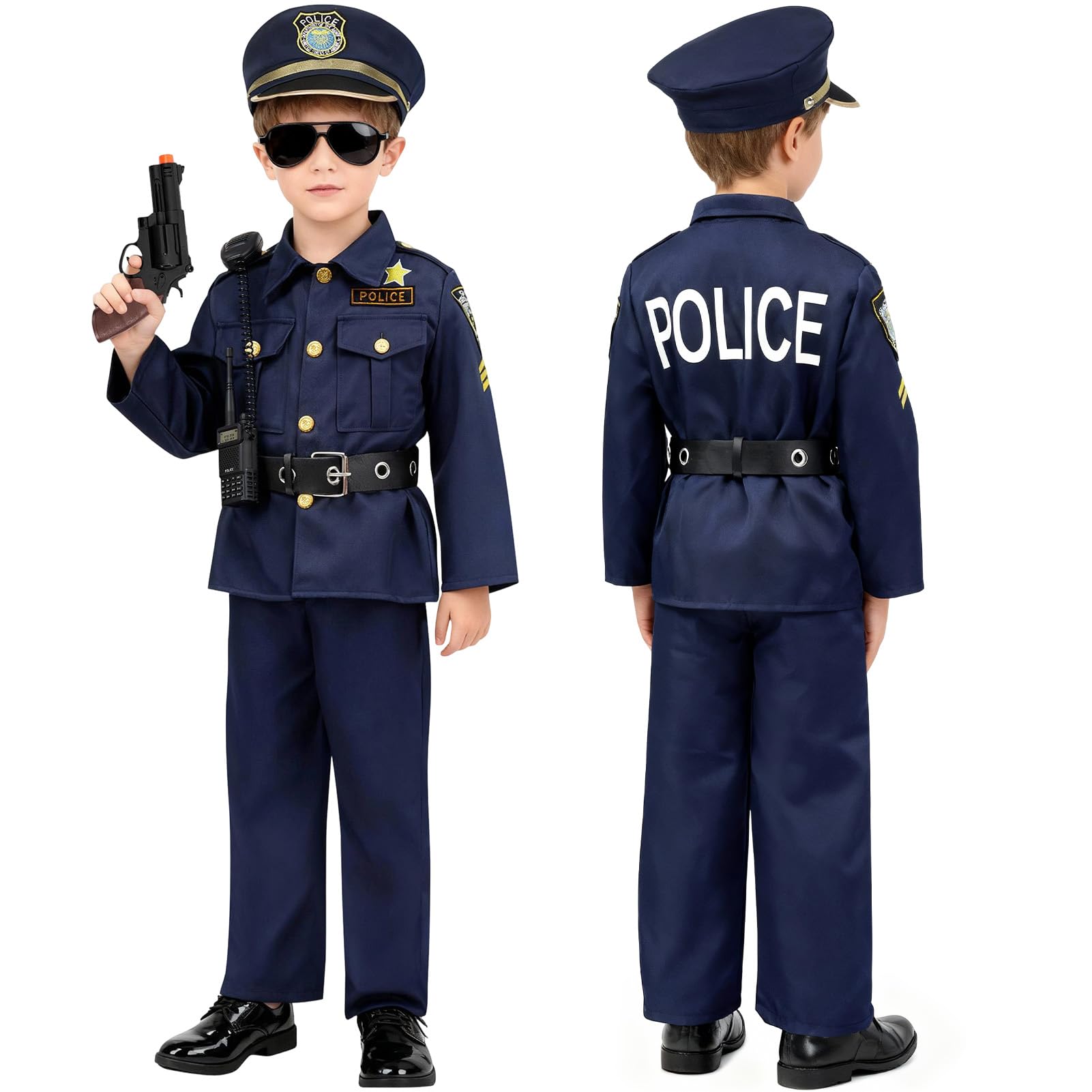 Costume Poliziotto Bambino Vestito Polizia con Cappello Registratore Occhiali da Sole Walkie Talkie Manette Giocattolo Polizia Accessori Costume Halloween Carnevale per Bambini
