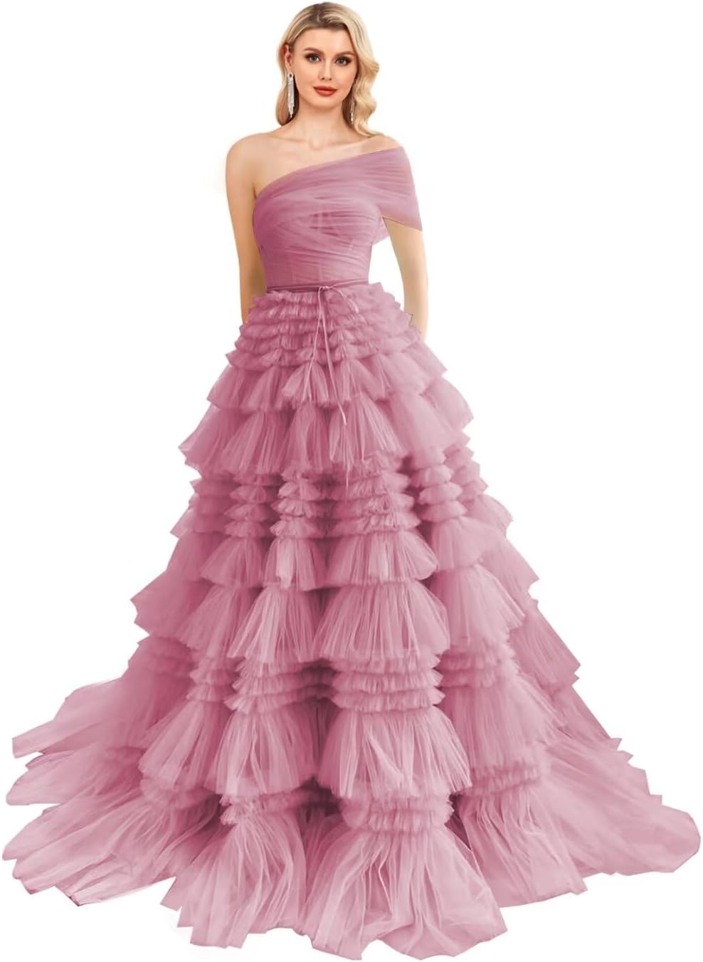 One Shoulder Tulle Prom Dresses Layered Ball Gowns for Women Foraml Tiered Princess Quinceanera Dresses