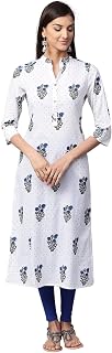 Women White & Blue Floral Print Straight Cotton Kurta