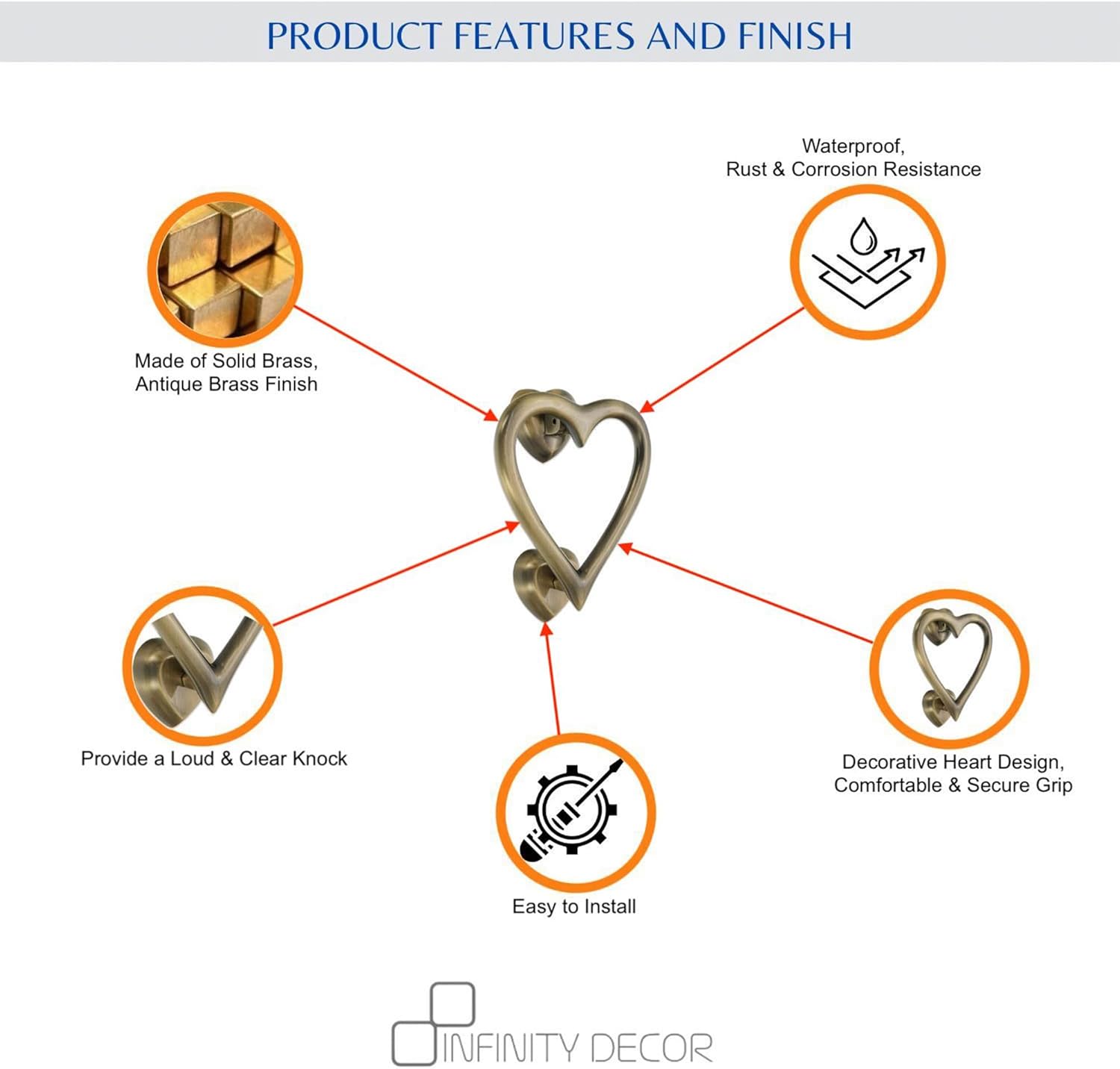 Infinity Decor Solid Brass Heart Shaped Front Door Knocker in Antique Brass Finish