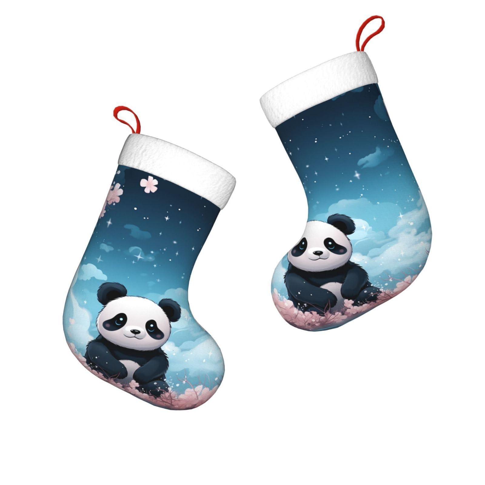 FodPand 17.7" Christmas Stocking 1 Piece, Pink Panda Xmas Stockings with White Plush Cuff Fireplace Hanging Stocking for Christmas Holiday Party Decoration