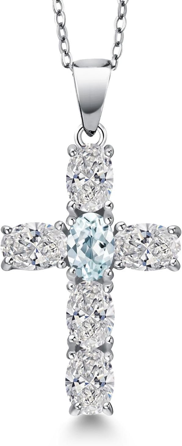 Gem Stone King 925 Sterling Silver Lab Grown Diamond and Sky Blue Aquamarine Cross Pendant Necklace for Women | 2.50 Cttw | Gemstone April Birthstone | Oval 6X4MM | With 18 Inch Chain