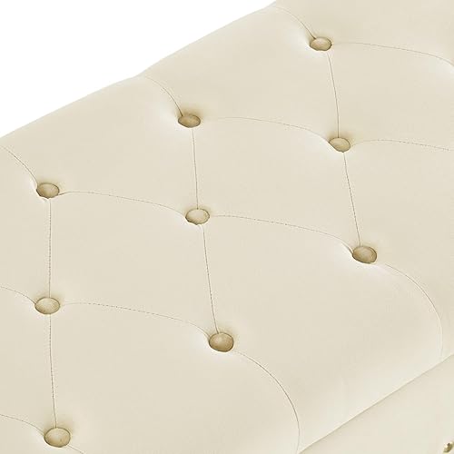 Miniatura 7 de 24KF Banco de almacenamiento tapizado de terciopelo con botones copetudos y clavos tachonados para sala de estar 5076-crema