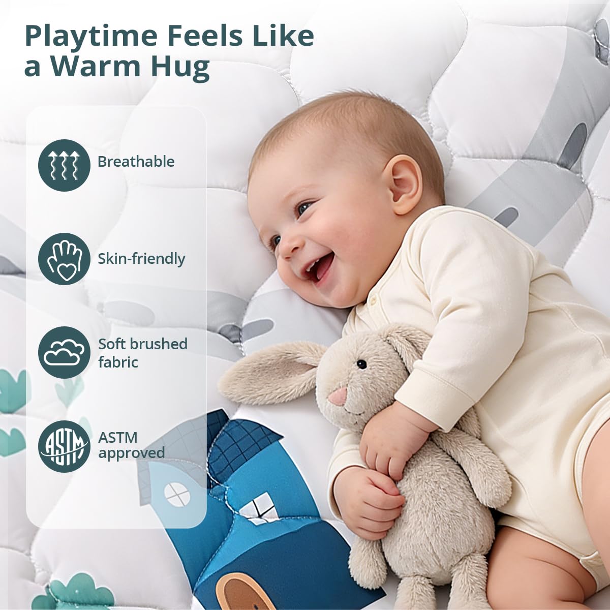 COMOMY Tappeto Gioco Bambini 127x127 cm, Pieghevole e Lavabile - Tappetone Neonato Morbido Trapuntato con Fondo Antiscivolo per Gattonamento, per Box, Grigio-Bianco