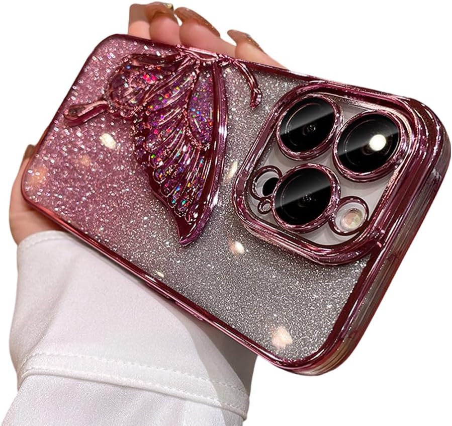 Designed for iPhone Case,Luxury Electroplated Liquid Floating Gradient Glitter Quicksand Butterfly Clear Shockproof Protective Cover Phone Case (Pink,iPhone 12 Pro)