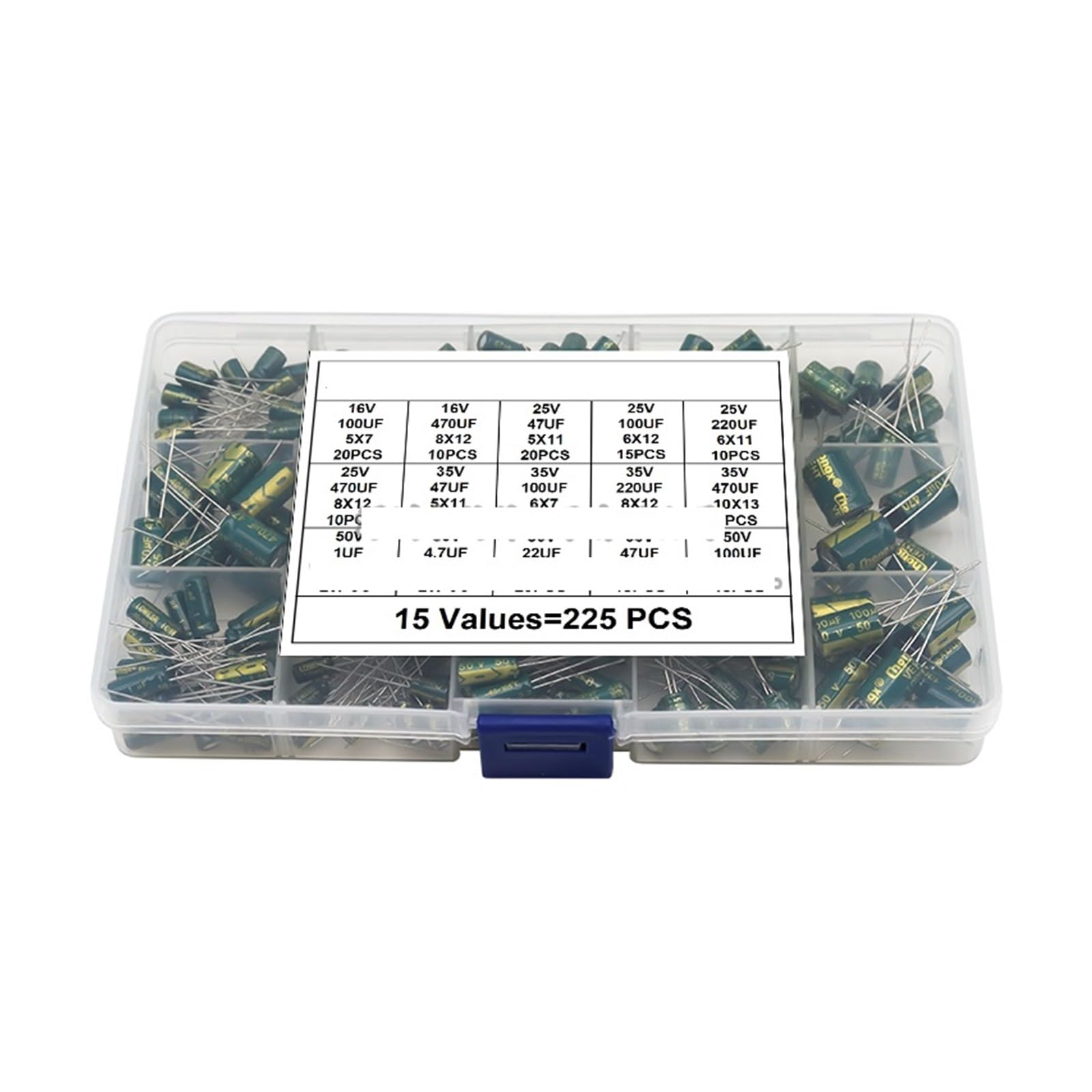 ICXLPMC 225pcs/Box High Frequency Low Aluminum Electrolytic Capacitor Kit 15Values 16V-50V 1uF-470uF Capacitance DIP Assorted Set