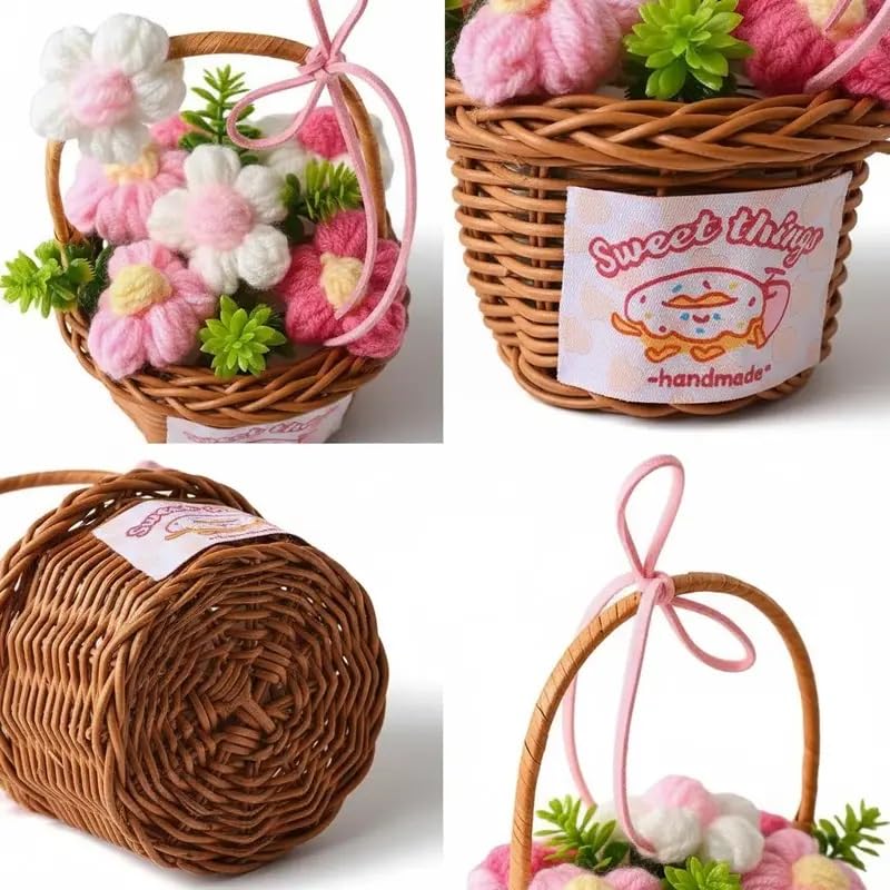 Image of Artificial Crochet Flowers Basket, 14CM Height Mini Handmade Knitted Multicolour Flower with Ribbon, Home and Office Decor Gift