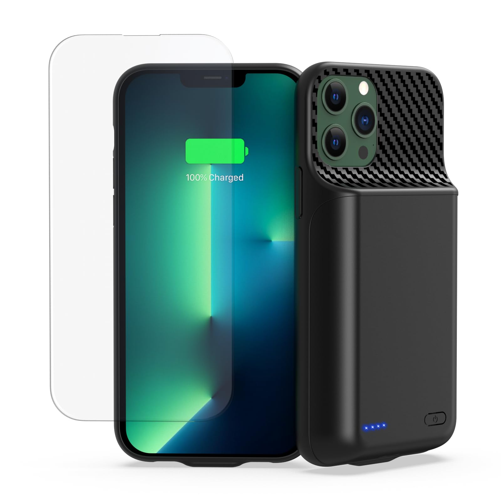 Akkuhülle für iPhone 13, 13 Pro, 14 (6.1 Zoll), 13800mAh Tragbare Ladebatterie Zusatzakku Externe Handyhülle Batterie Wiederaufladbare Schutzhülle mit Panzer Schutz Glas Folie