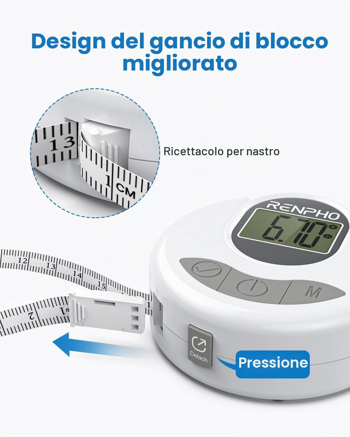RENPHO Metro Sarta Smart a Nastro Digitale, Misurazione Bluetooth, Perdita di Peso, Aumento Muscolare, Retrattile, Misura Delle Circonferenze Del Corpo
