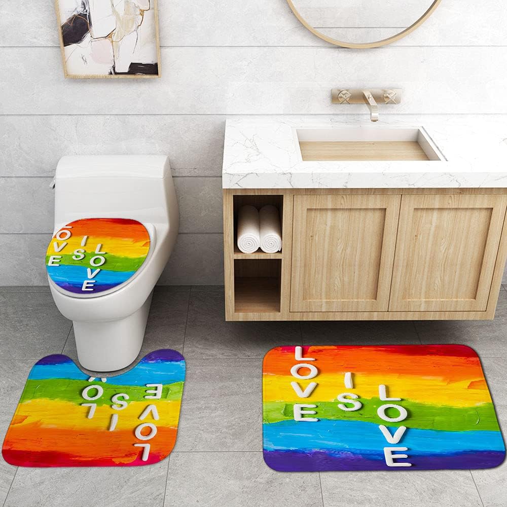 Fashion_Man 16PCS/Set Colorful Rainbow Shower Curtain Polyester Bath Curtain Waterproof Bathtub Curtains Bath Mat Toilet Rug Gay Pride Lesbian Peace LGBT Bathroom Decor, 72"x72",+Hooks, Love is LVOE