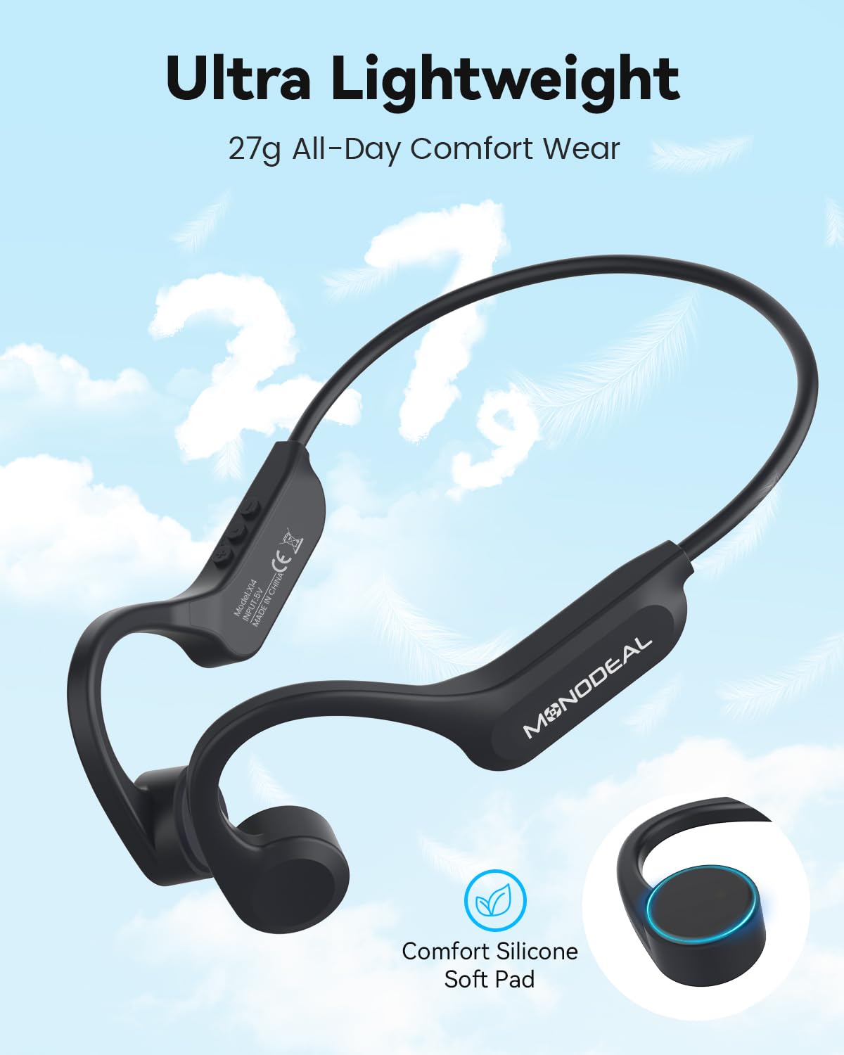 Knochenschall Kopfhörer Bluetooth 5.3 für Laufen Radfahren, Type-C Ladung | IPX6 Wasserdichte, Nicht zum Schwimmen, 27g Ultraleicht, 15mm Lautsprecher
