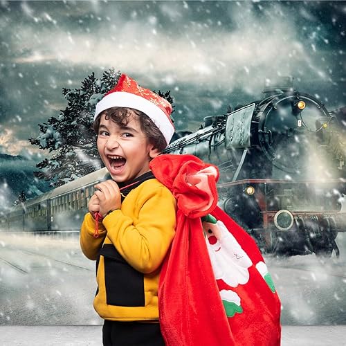 Miniatura 4 de Yongqian Telón de fondo de tren de vapor de invierno de 8 x 6 pies, diseño de copo de nieve, escena, fotografía, decoración de fiesta de Navidad,