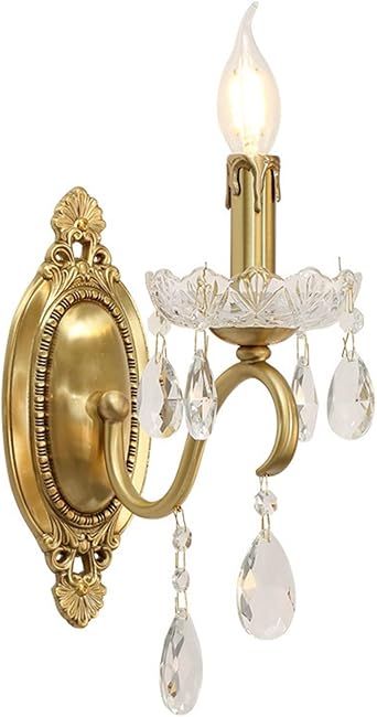 Wall Light Sconce French Style Vintage Crystal Wall Lamp Farmhouse Candle Brass Wall Sconces Modern K9 Glass Crystal Drops Shade Wall Lamp Bedroom Living Room Lighting-2 Heads1 Head