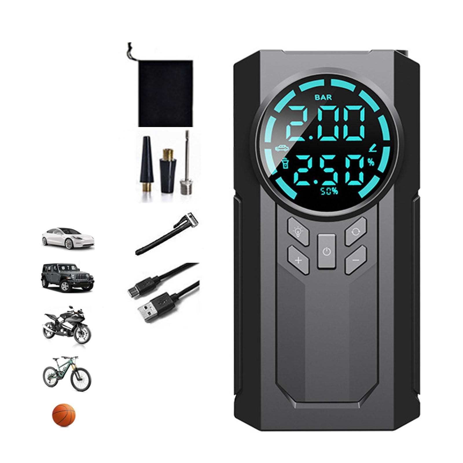 Samochodowa sprężarka opon, sprężarka powietrza, elektryczna pompa do opon samochodowych z manometrem, 8400 mAh, ładowanie typu C, 160 psi, do samochodów, rowerów, piłek i motocykli
