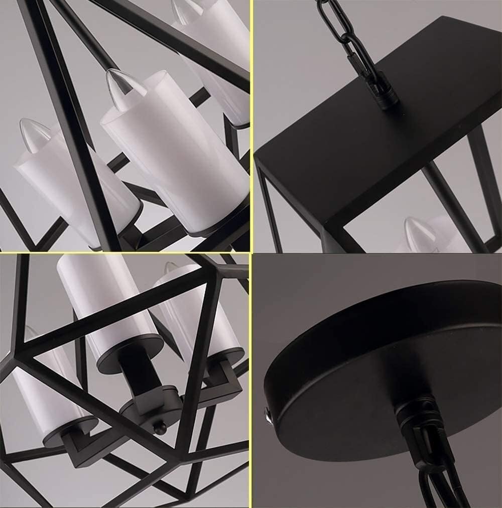 LNPTAL Modern Geometric Chandelier, 4-Light Black Metal Cage Pendant Light, Industrial Retro Candle Style Hanging Fixture for Dining Room, Living Room, Island, Foyer