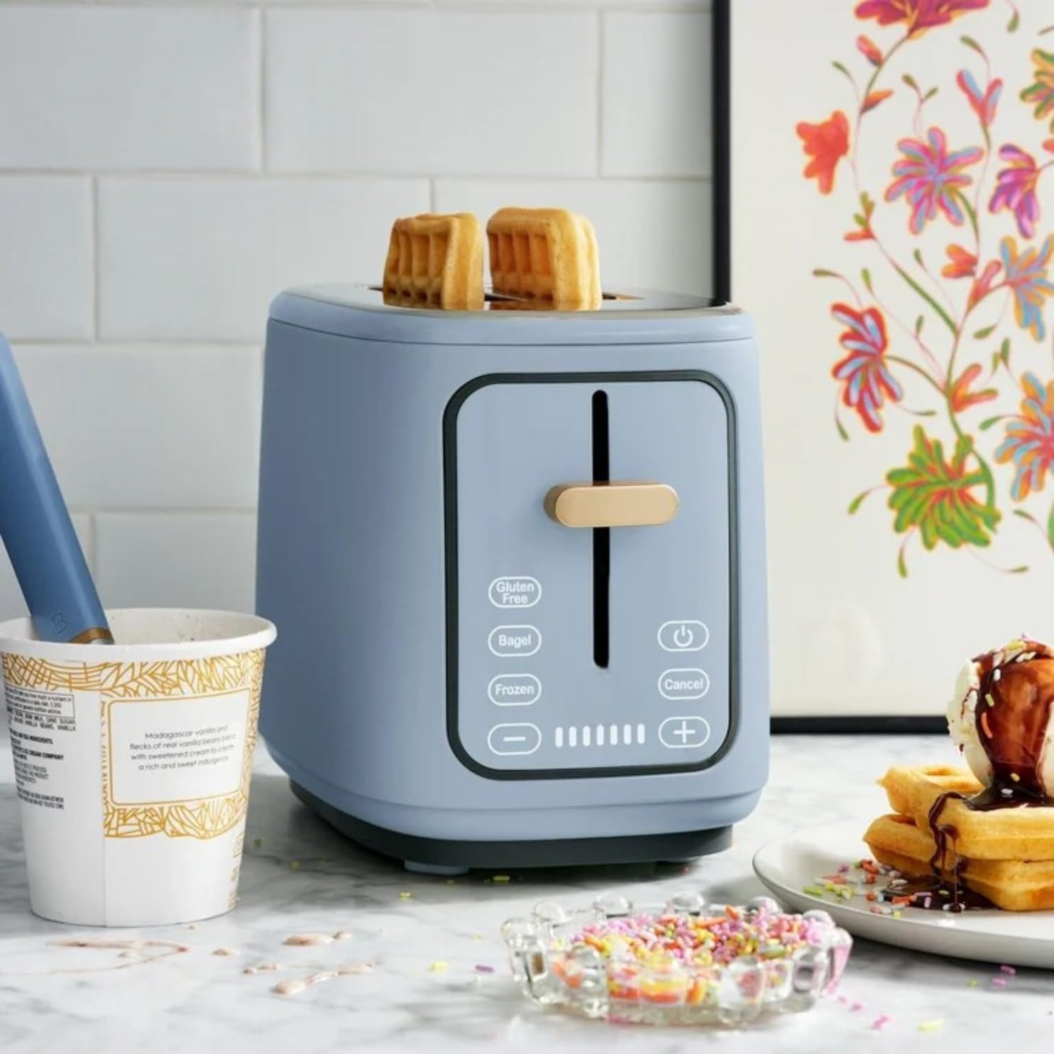 2 Slice Toaster, Touch-Activated Display, Extra Wide Slots, Bagel Function, Stainless Steel Kitchen (Cornflower Blue)