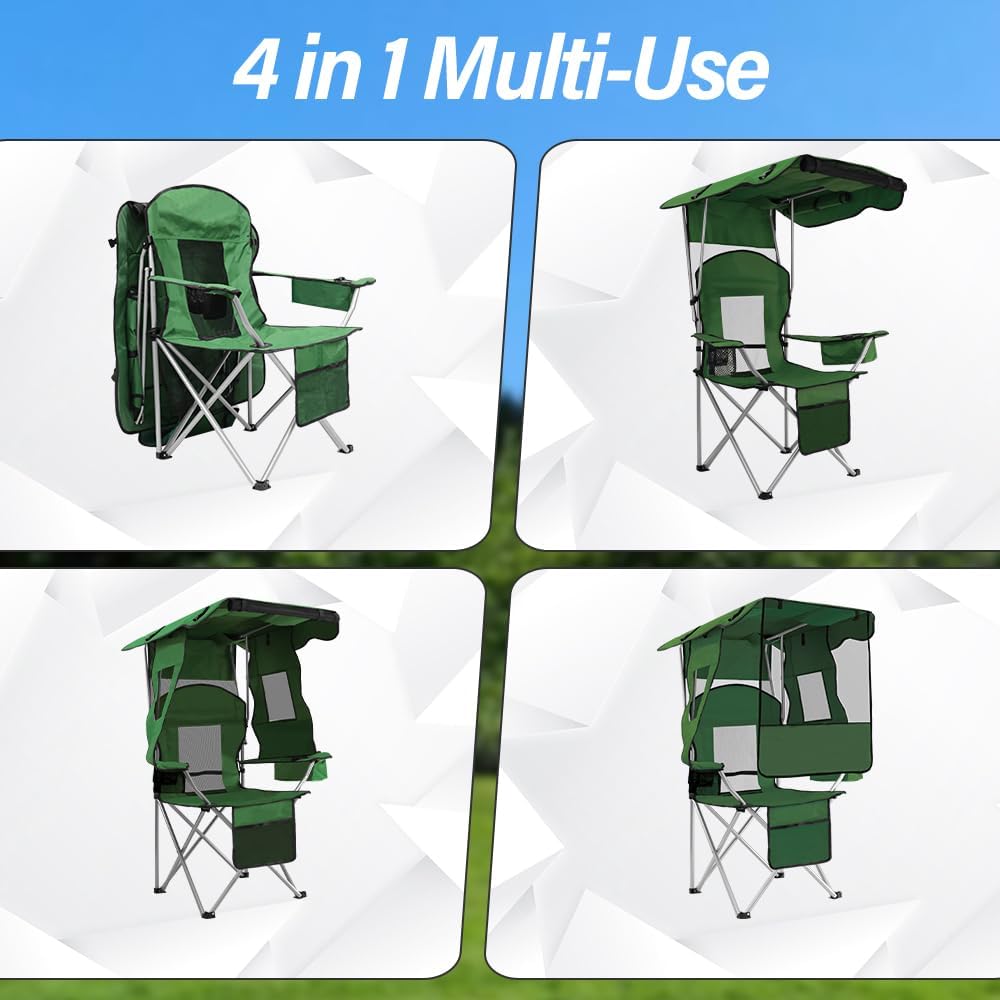 BESTHLS Camping Chair with Canopy Shade Portable Folding Beach Chairs with Cooler, Mesh Backrest, Cup Holder, and Pocket for Camping, Fishing, Beach, and Sports (Green)
