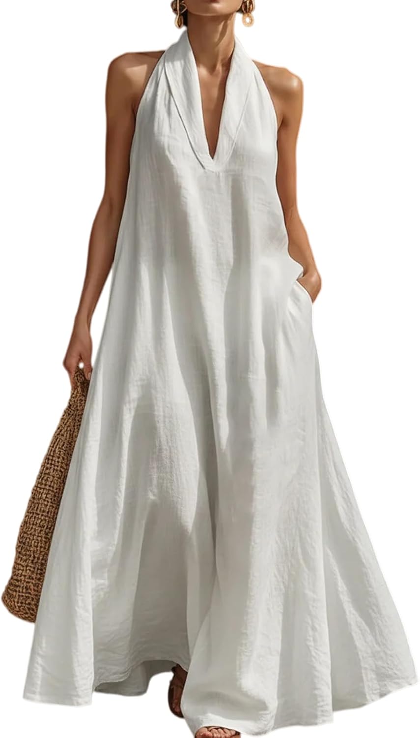 Linen Dress Women Sleeveless V Neck Halter Maxi Dresses Flowy Vacation Tank Dress Wedding Guest Going Out Sundress