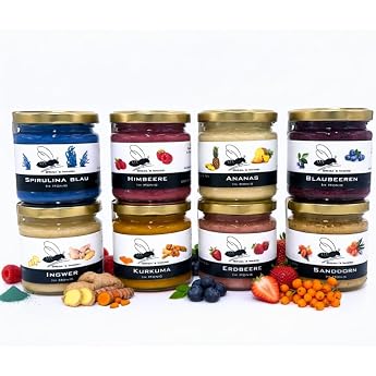 Gregas Beekeeping 8 Treasure Boxes Set - Honey Sweet Spread from Family Beekeeping with Fruit & Other Specialities such as Turmeric Ginger & Spirulina Blue Refined - Tasting & Gift Set 8 x 250 g