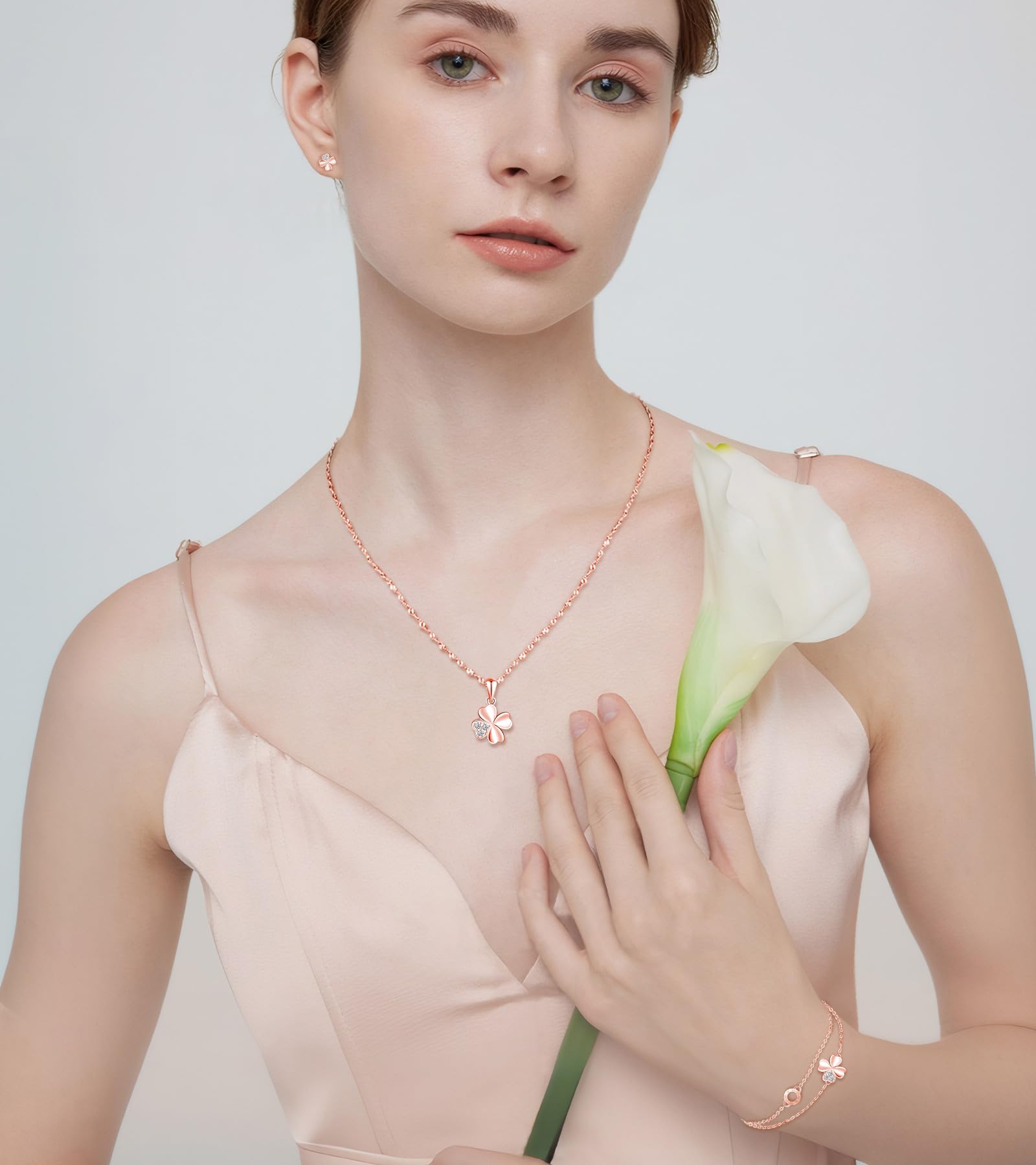 Juegos de 3 Collar Pendientes y Pulsera para Mujer y Niñas, Colgante Trébol con Cadena 45cm, Aretes Trébol Circonita, Pulsera Trébol Oro Rosa, Plata de Ley 925 Conjuntos Joyas
