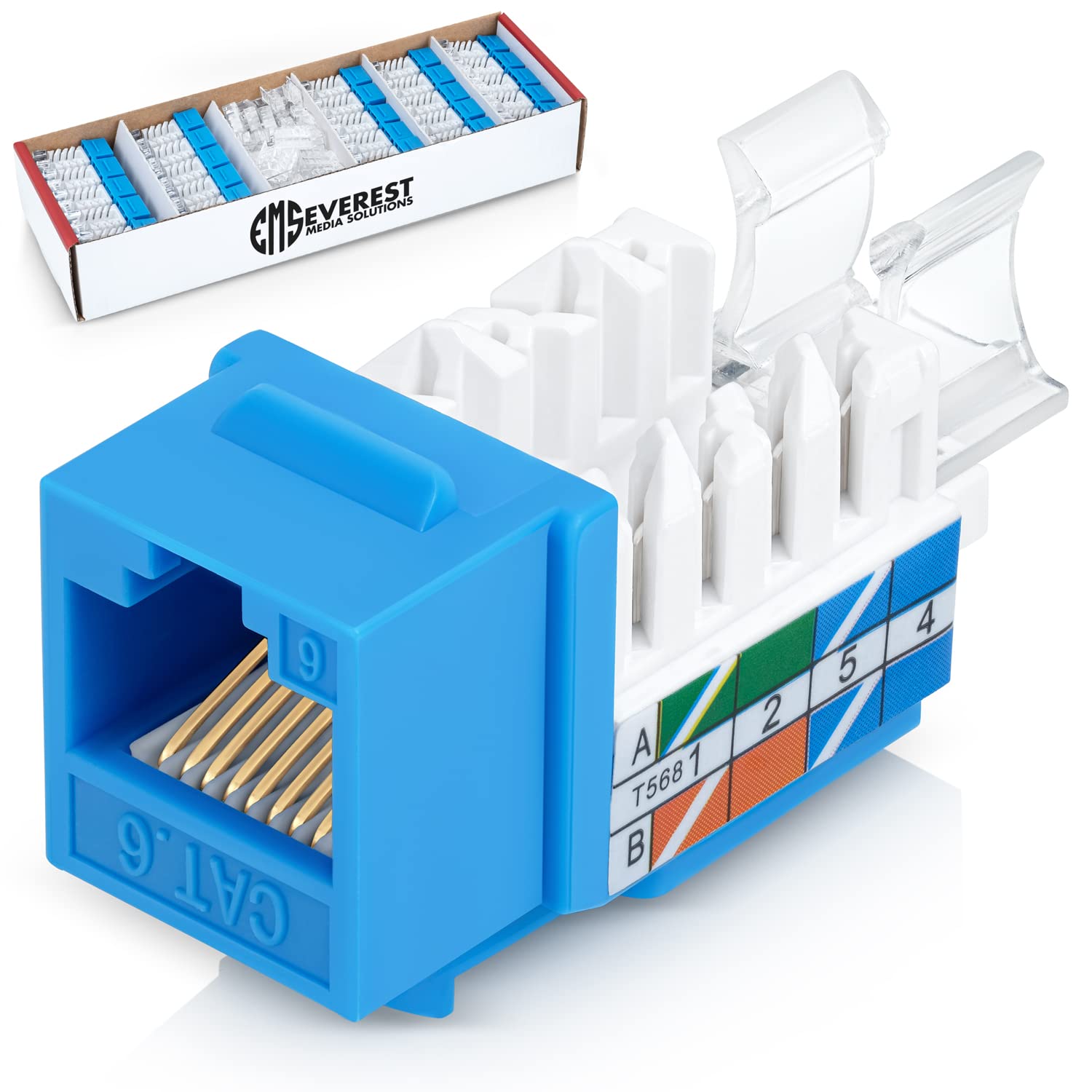 Everest Media Solutions 45° Angled CAT6 Keystone Jack in Blue - Slim Profile RJ45 Ethernet Connector - Compatible with 45° Angled Speed Termination Tool - 45Term (B0BL3GS7ZY) - 50-Pack