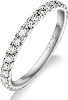 Moissanite Wedding Band, 2mm Full Eternity Ring Stacking, S925 Sterling Silver, 18K White Gold Plating, Round Brilliant Cut, Ring Size 6-8