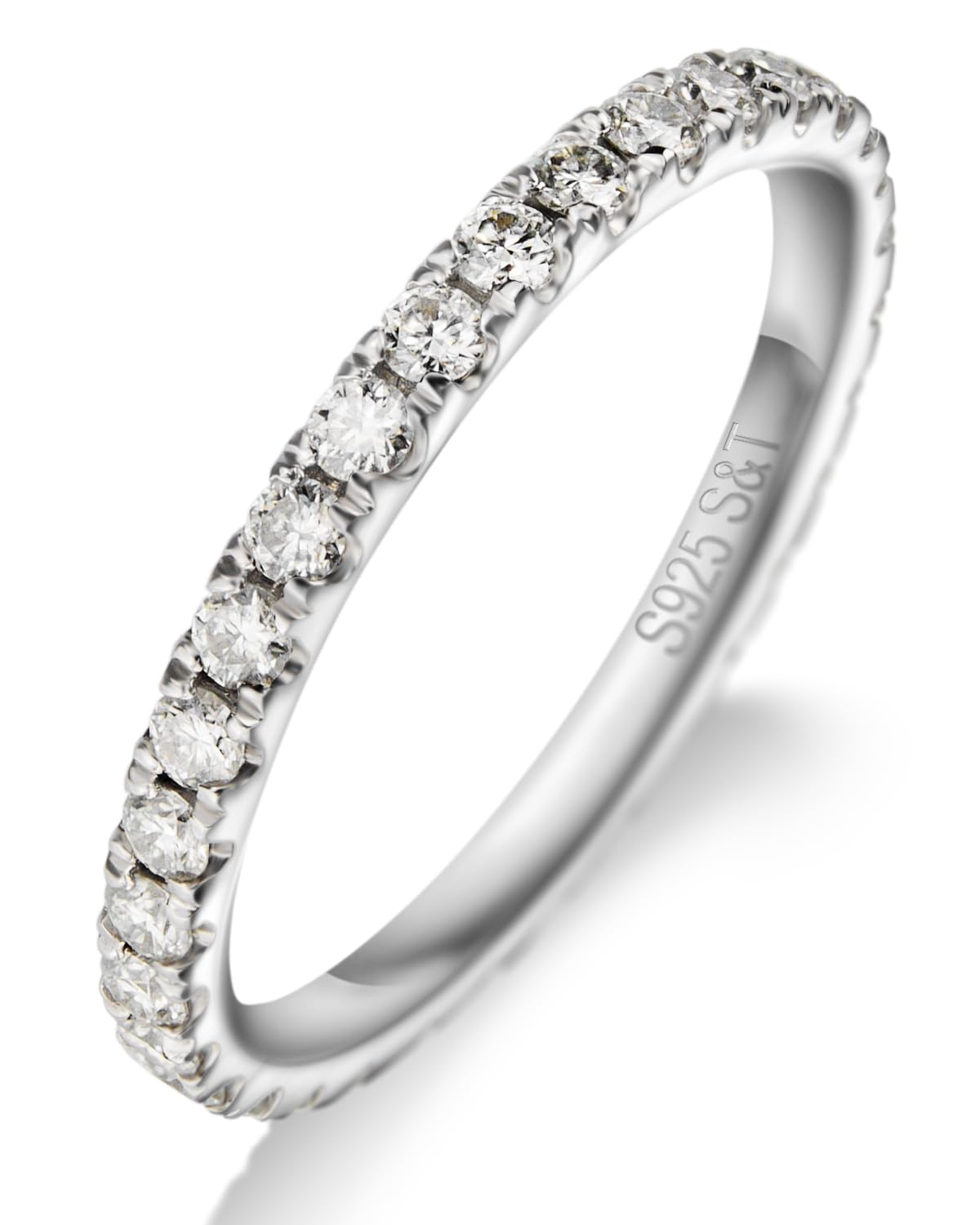 Moissanite Wedding Band, 2mm Full Eternity Ring Stacking Ring, S925 Sterling Silver, 18K White Gold Plating, Round Brilliant Cut, Ring Size 6-8, Perfect For Women