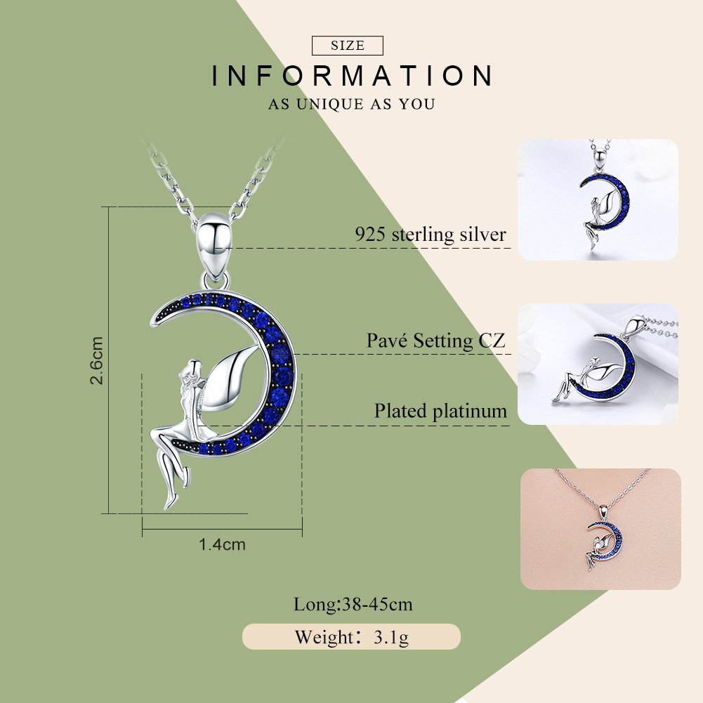 NewL Collar con colgante de plata de ley 925 con diseño de hada de la suerte en luna azul para mujer, joyería de regalo, Plata esterlina Tela Plata de ley, Circonia cúbica