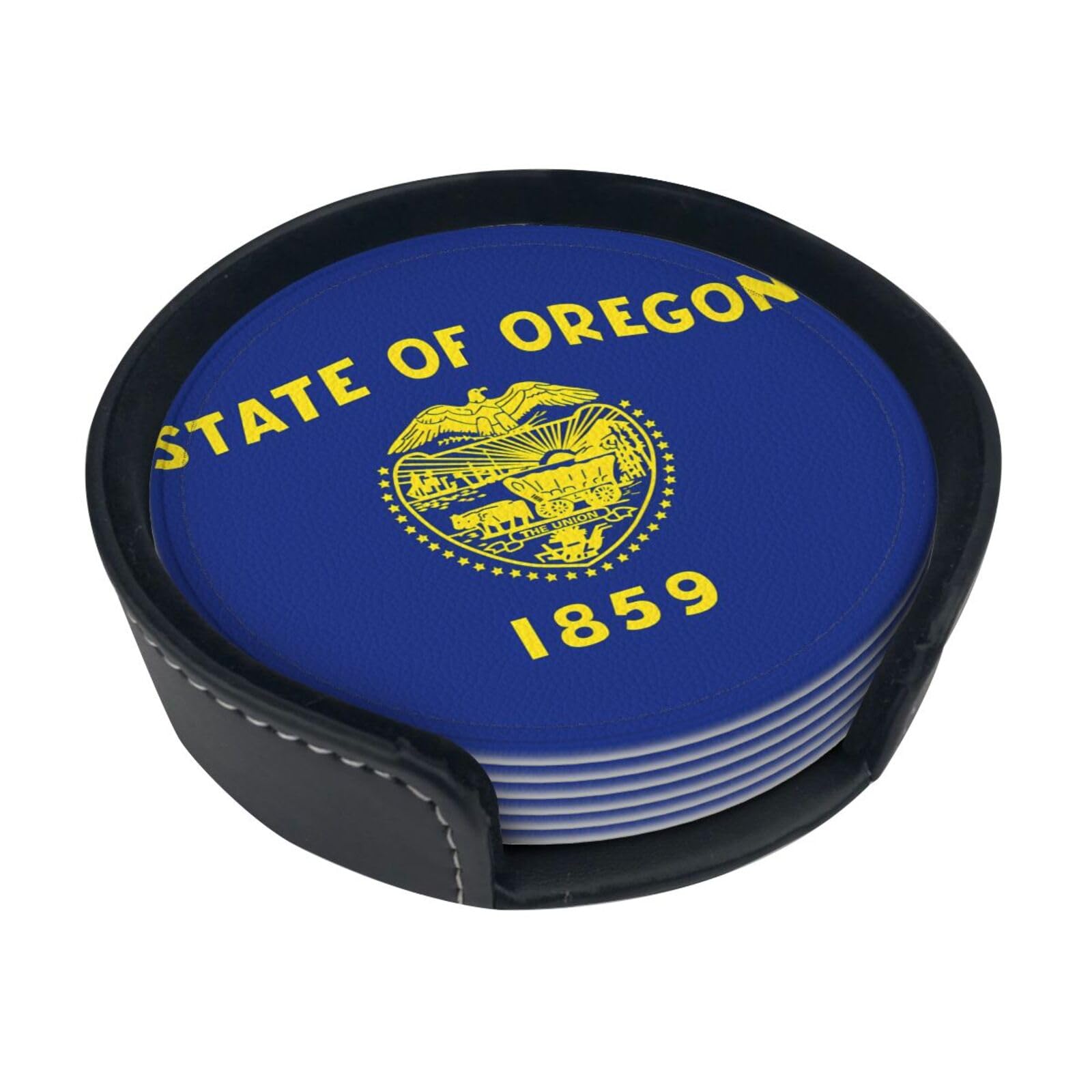 Cntdbu White Oregon State Flag Leather Coasters Set Of 6-Pu Leather Drink Mats For Table, Heat Resistant Round Coasters With Holder
