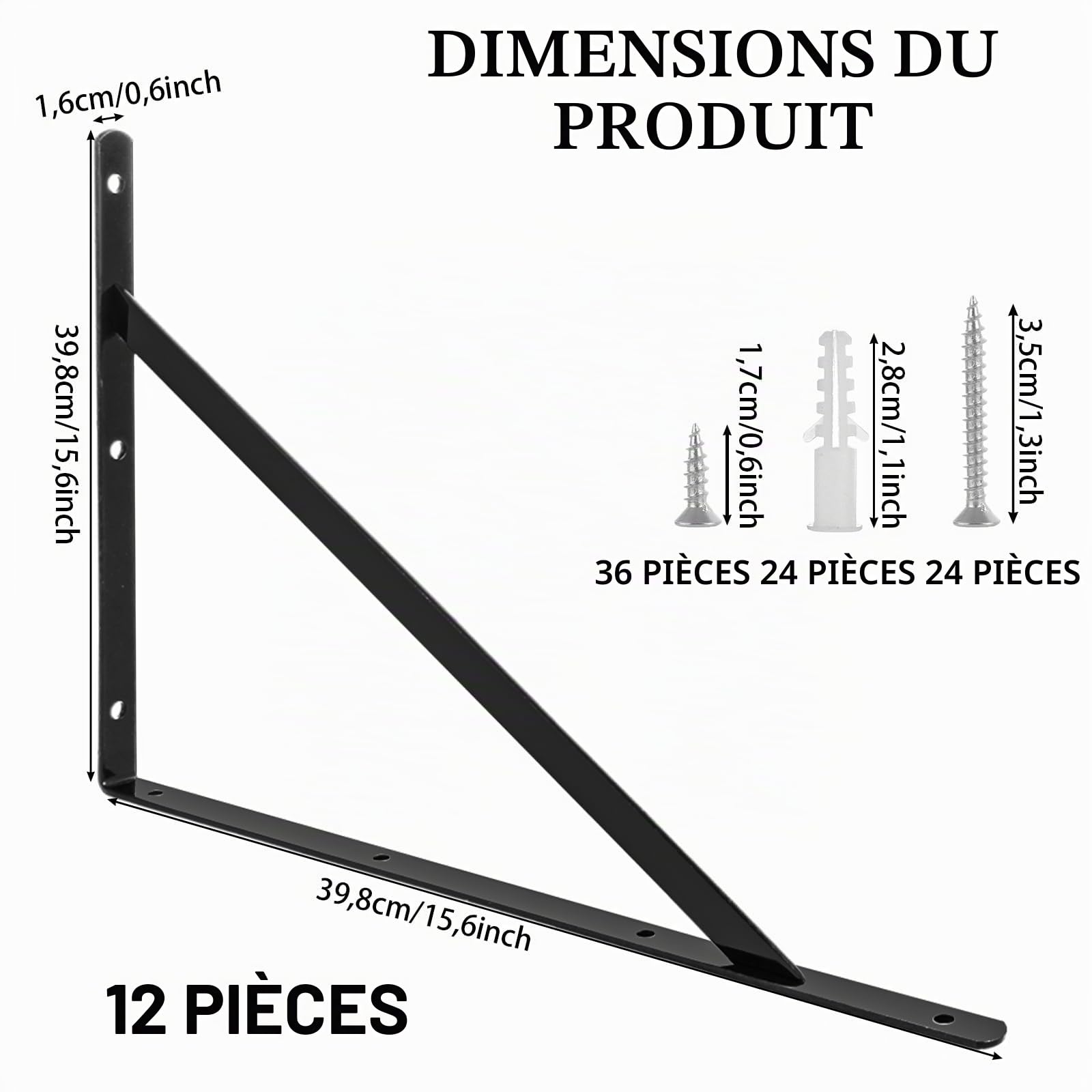 Lot de 12 supports d'étagère - 400 x 250 mm - En métal noir - Équerre pour charge lourde - Pour montage mural, établi, étagère de rangement