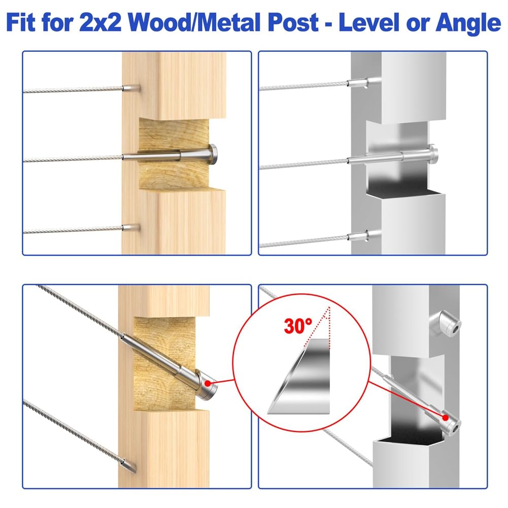 Zestaw 50 sztuk poręczy kablowych, odbiornik napinacza balustrady kablowej 1/8 , do słupków drewnianych/metalowych 2 x 5 cm