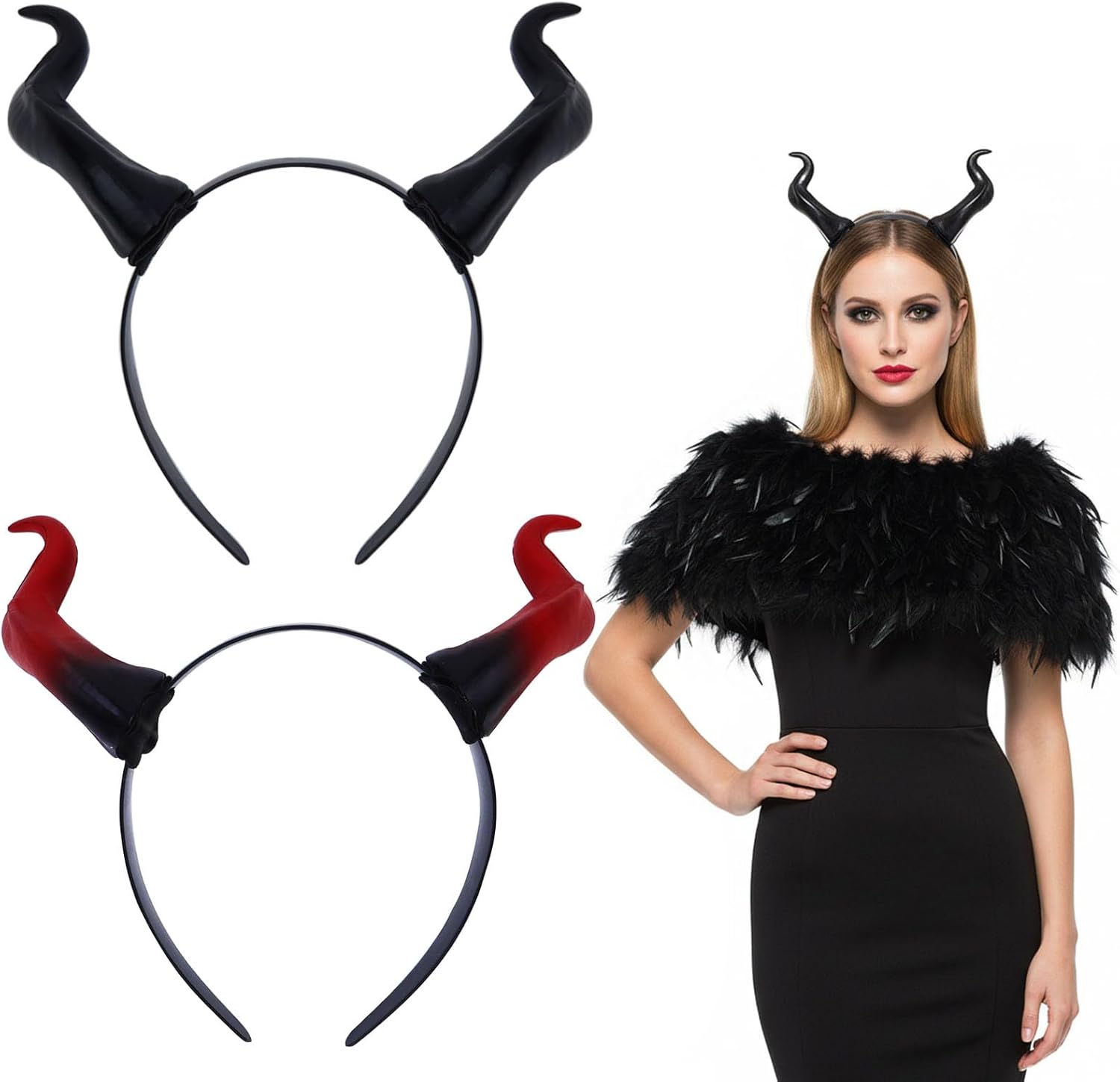 Devil Horns Headband, 2-Pack Fantasy Black & Red Dragon Horns for Halloween Costume, Halloween Dress Up for Party Cosplay Costume Hair Accessory Supplies