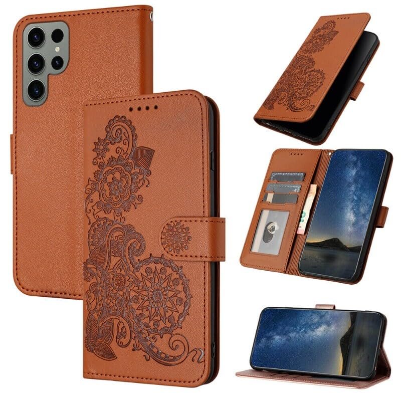 Protection Samsung Galaxy S25 portefeuille marron rabat cuir motif
