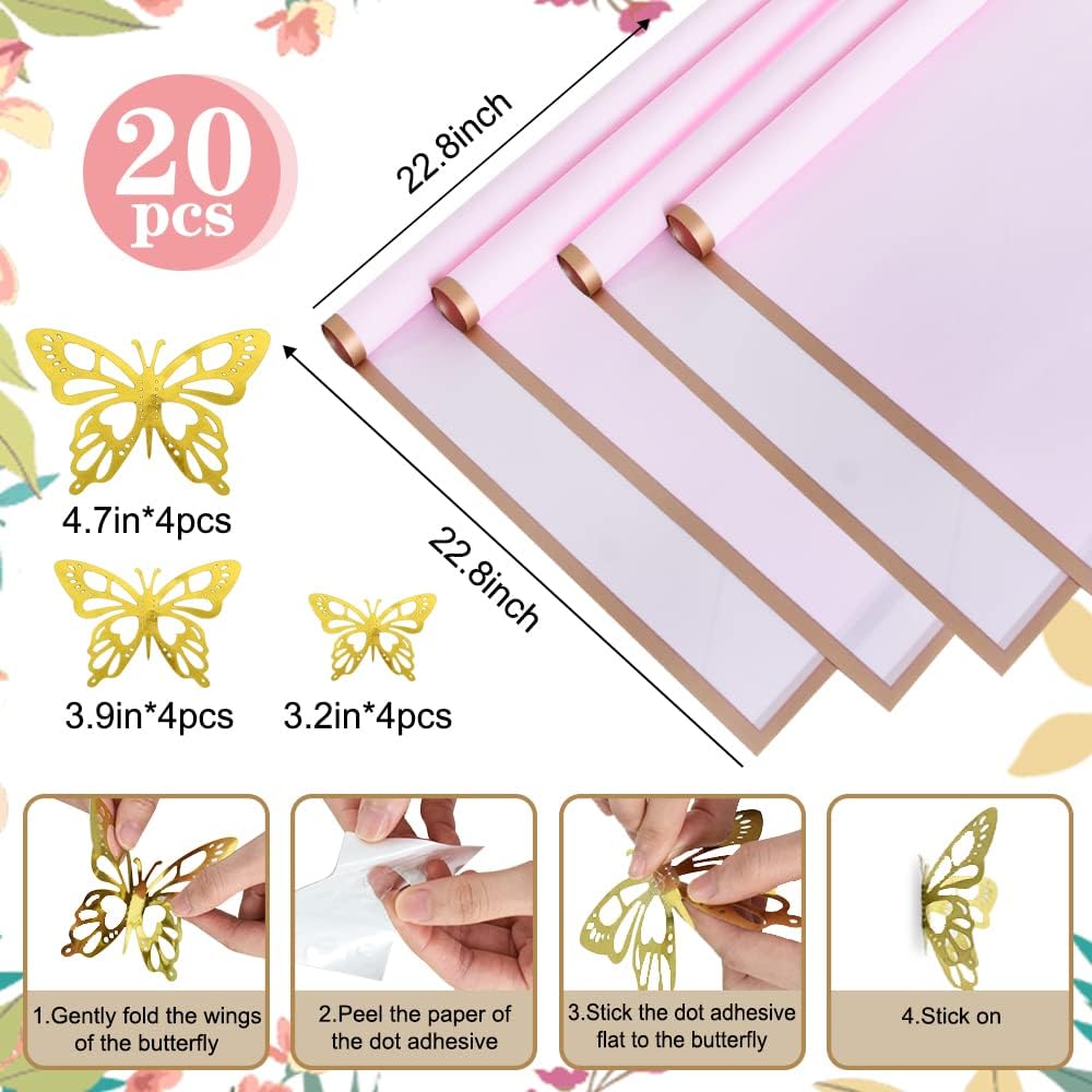 BEISHIDA 20 Sheets Pink Flower Wrapping Paper,Pink Floral Paper, Bouquet Paper with 3D Butterfy Decor,Matte with Gold Edge Paper for Florist Supplies DIY Craft Mother's Day Christmas Gift Wrap Paper