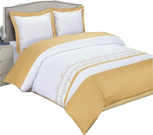 Miniatura 4 de Royal Hotel Bedding Juego de funda de edredón de 3 piezas con diseño de amalia, color dorado y blanco, tamaño KingCal-King, 100% algodón, 300 hilos