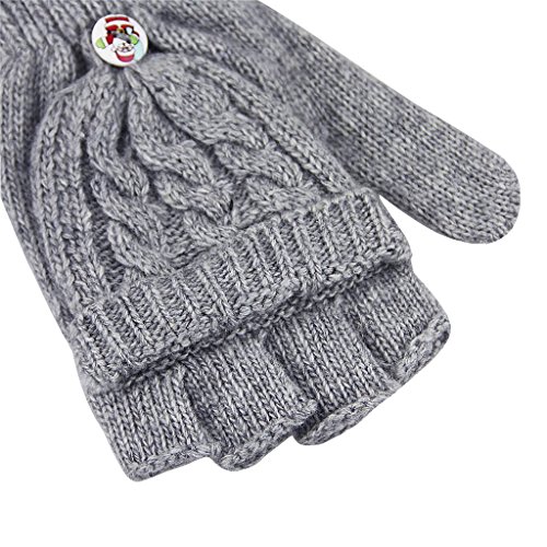 Womens Girls Winter Warm Wool Knit Fingerless Convertible Gloves w/ Mitten Cover (Grey)