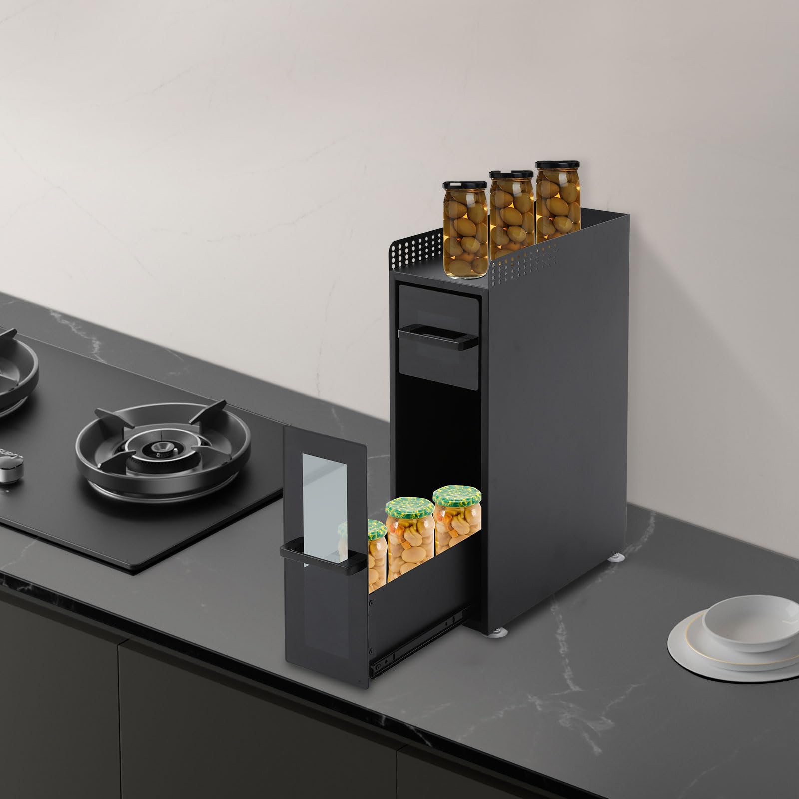Scaffale per spezie a 3 ripiani, allungabile, portaspezie, da cucina, per piano di lavoro da cucina, portaspezie da cucina, per armadietti, cucina, con cassetto