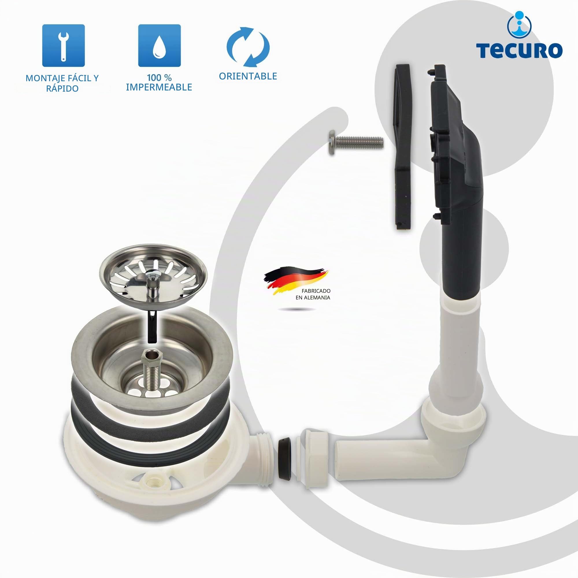 Tecuro - Desagüe para fregadero, válvula de cesta, 3 1/2", 114 mm, con rebosadero, 38 x 64 mm