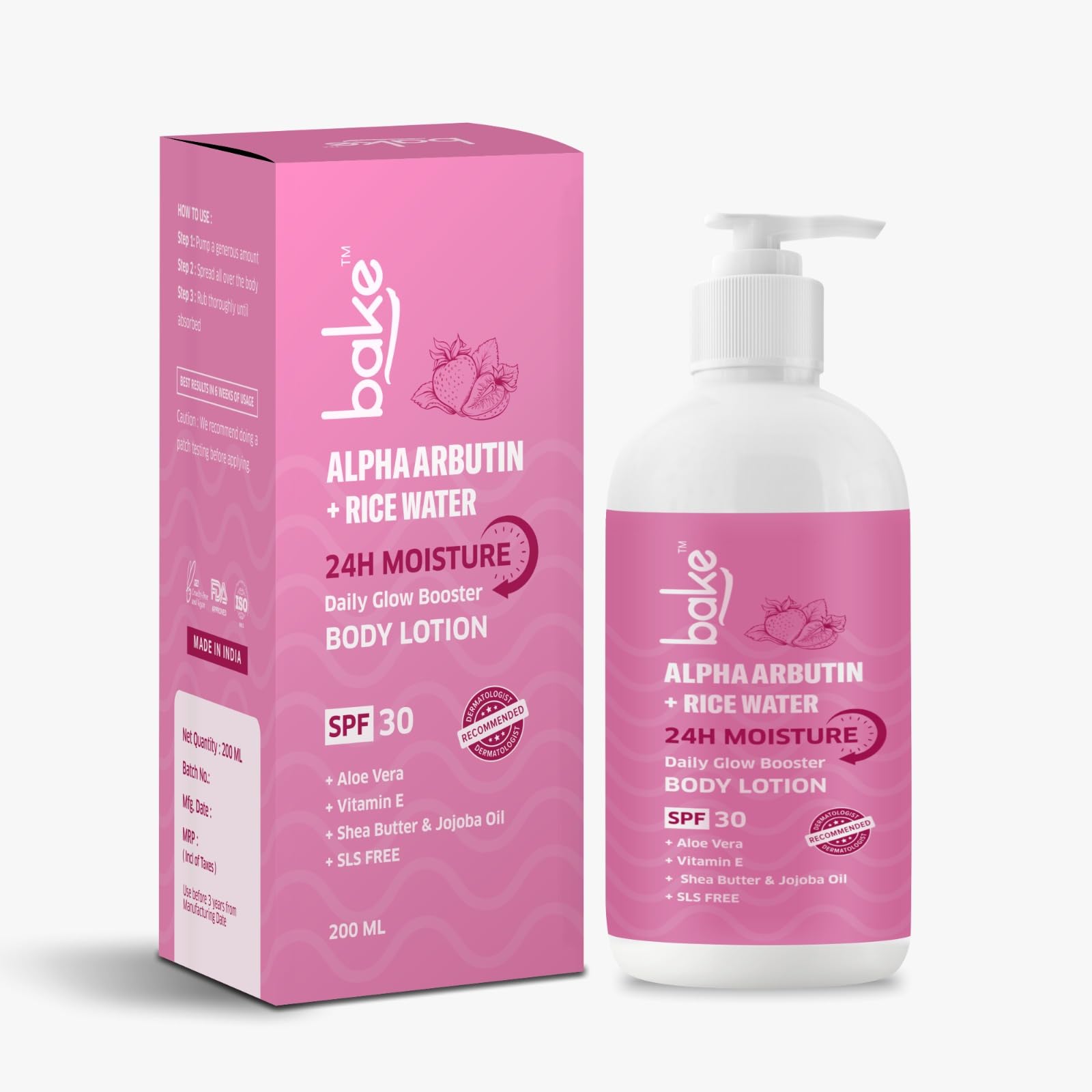 BAKE Alpha Arbutin Rice Water Body Lotion SPF 30 PA+++ for Pigmented & Tanned Skin | For Uneven Skin Tone, Tan Removal & Pigmentation | For Women & Men | 200ml