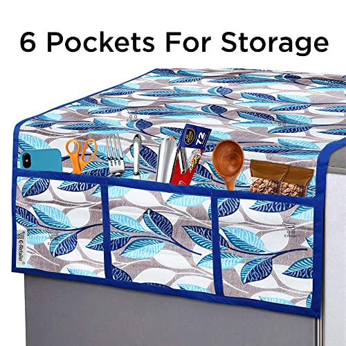Image of Polyester 3-Layered Fridge Top Cover /Refrigerator Cover with Utility Pockets and Set of 4 Pc Fridge Mats (Color- Leaf Blue, Size-39x21 Inches)