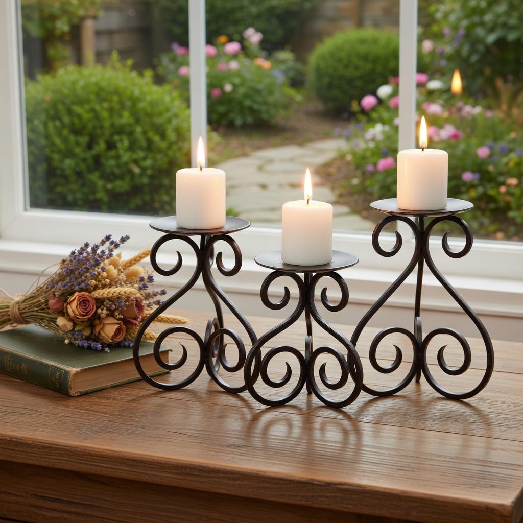 Hosley Illuminate in Style with Our Set of 3 Iron Candle LED Pillar Holders - Large 7 Inches, Medium 6 Inches, Small 5 Inches High for Versatile and Elegant Home Decor